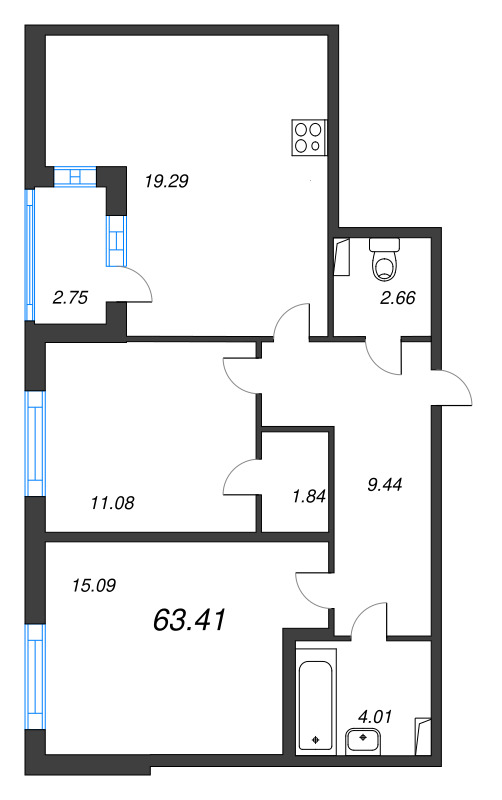 3-комнатная (Евро) квартира, 63.41 м² в ЖК "Любоград" - планировка, фото №1