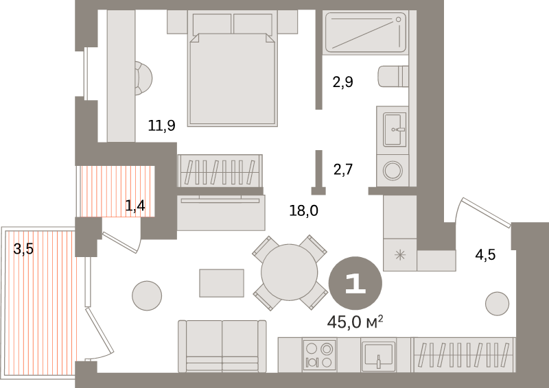 2-комнатная (Евро) квартира, 42.1 м² - планировка, фото №1