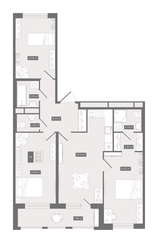 4-комнатная (Евро) квартира, 86.03 м² - планировка, фото №1