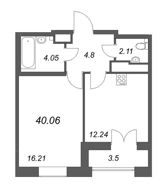 1-комнатная квартира, 40.06 м² - планировка, фото №1