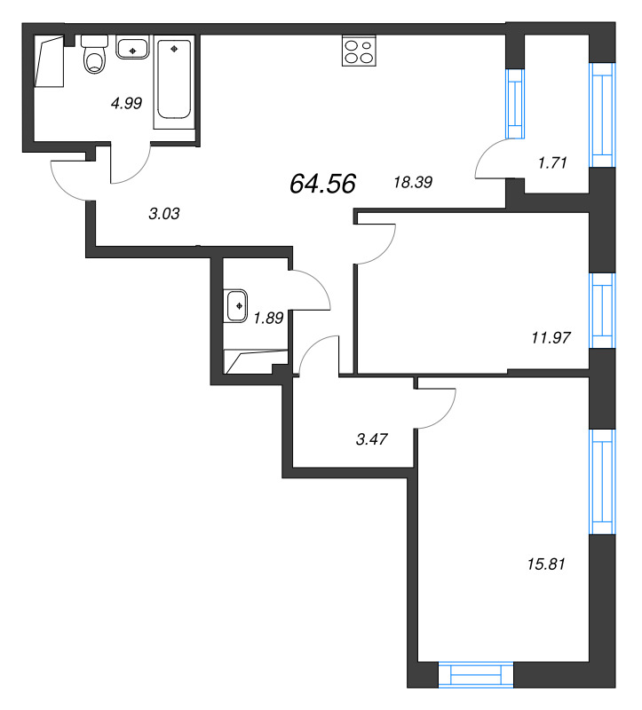 3-комнатная (Евро) квартира, 64.56 м² в ЖК "ORO by Akvilon" - планировка, фото №1