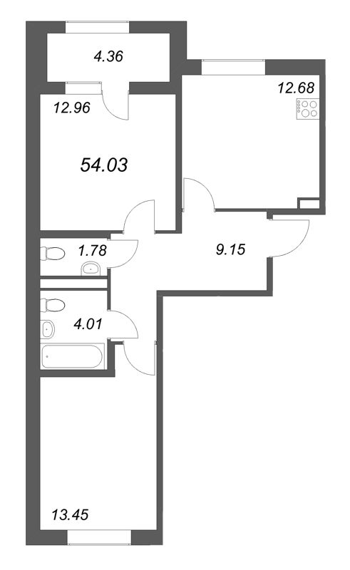 2-комнатная квартира, 54.03 м² в ЖК "Дубровский" - планировка, фото №1