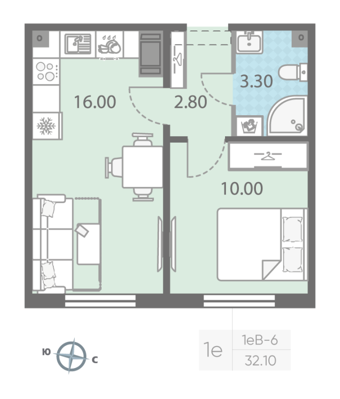 1-комнатная квартира, 32.1 м² - планировка, фото №1