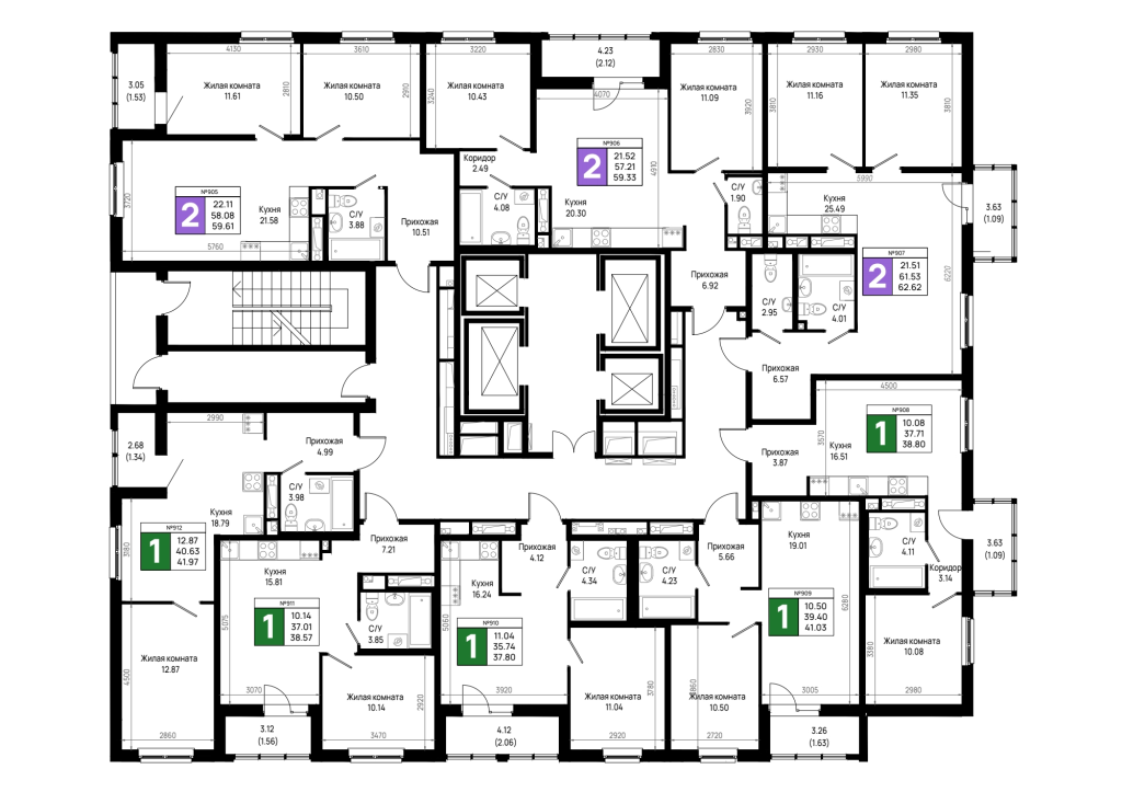 3-комнатная (Евро) квартира, 59.33 м² в ЖК "Имена" - планировка этажа