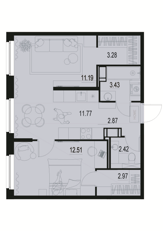 2-комнатная (Евро) квартира, 50.44 м² - планировка, фото №1