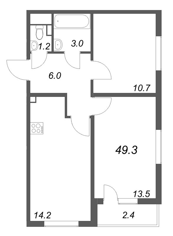 2-комнатная квартира, 49.3 м² в ЖК "ЛСР. Ржевский парк" - планировка, фото №1