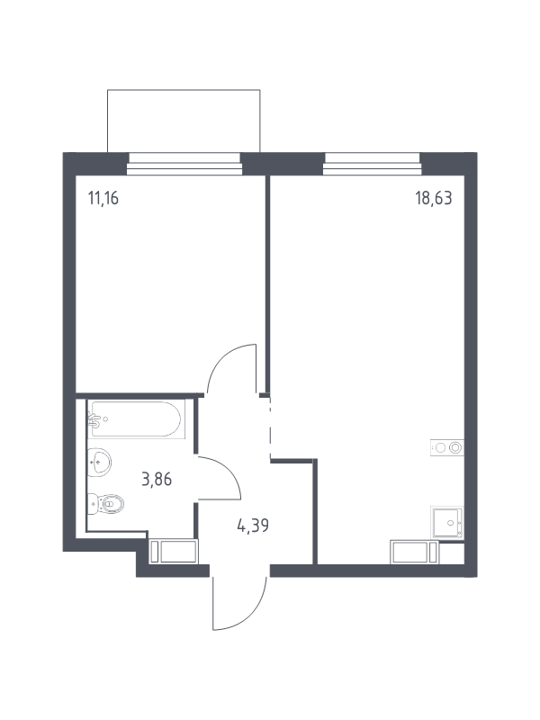 2-комнатная (Евро) квартира, 38.04 м² в ЖК "Квартал Торики" - планировка, фото №1