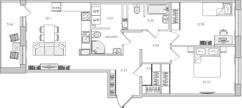 3-комнатная (Евро) квартира, 79.87 м² в ЖК "Dreamline" - планировка, фото №1