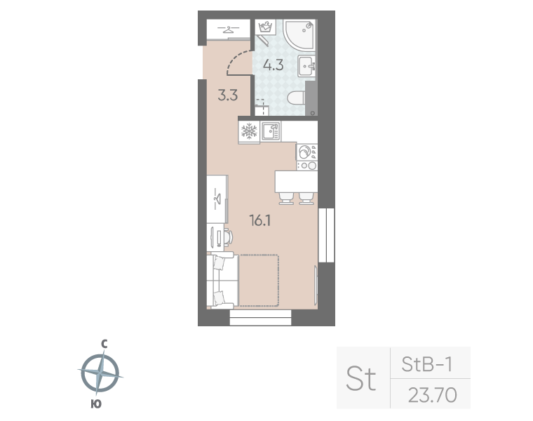 Квартира-студия, 23.7 м² в ЖК "Большая Охта" - планировка, фото №1
