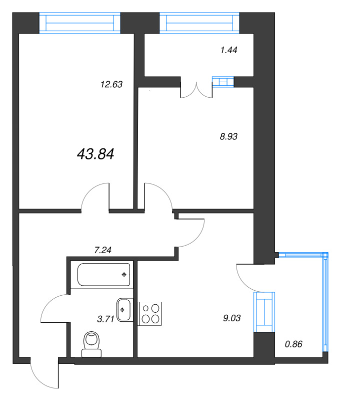 2-комнатная квартира, 43.84 м² в ЖК "Капральский берег" - планировка, фото №1