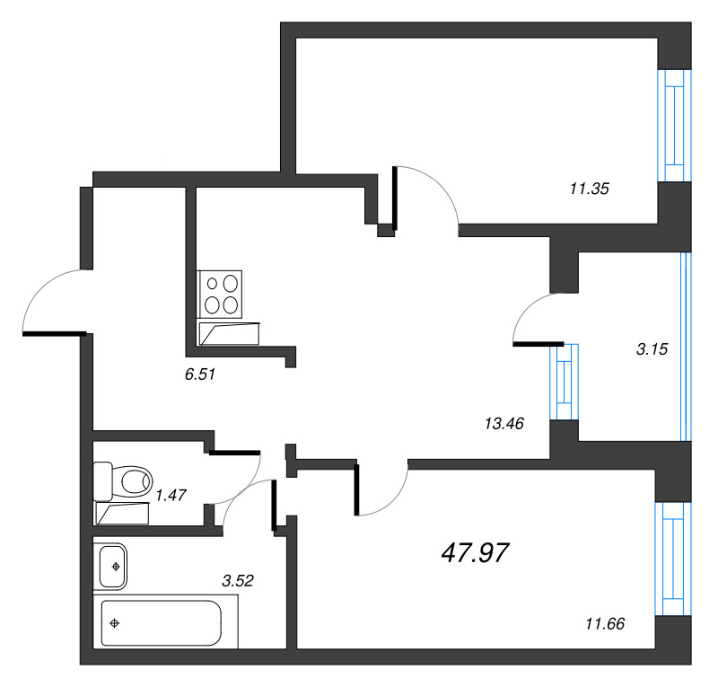 2-комнатная квартира, 47.97 м² - планировка, фото №1