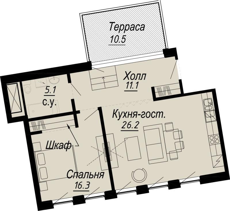 2-комнатная (Евро) квартира, 63.95 м² - планировка, фото №1