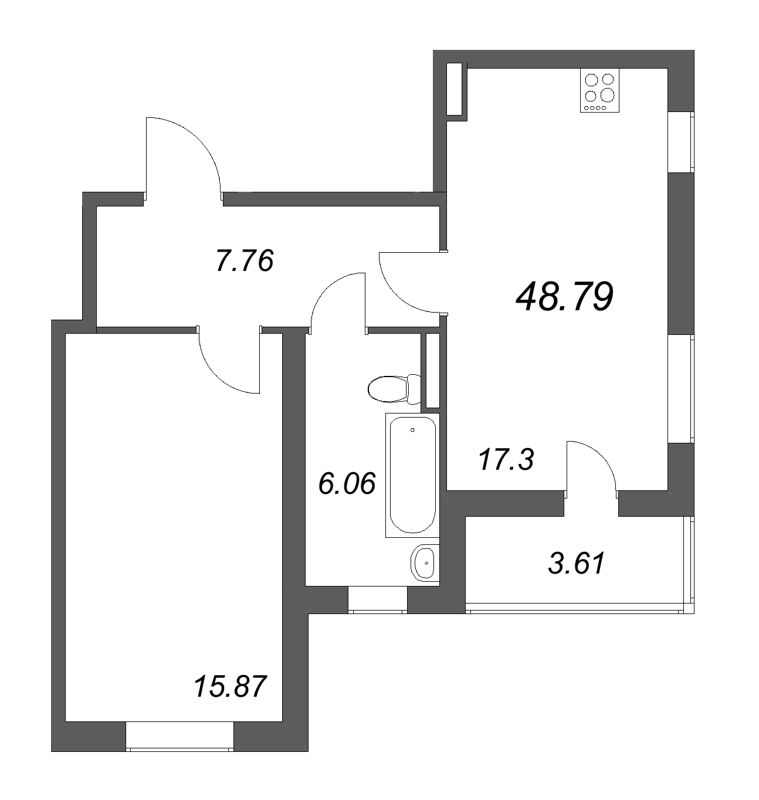 2-комнатная (Евро) квартира, 48.79 м² в ЖК "Новая история" - планировка, фото №1