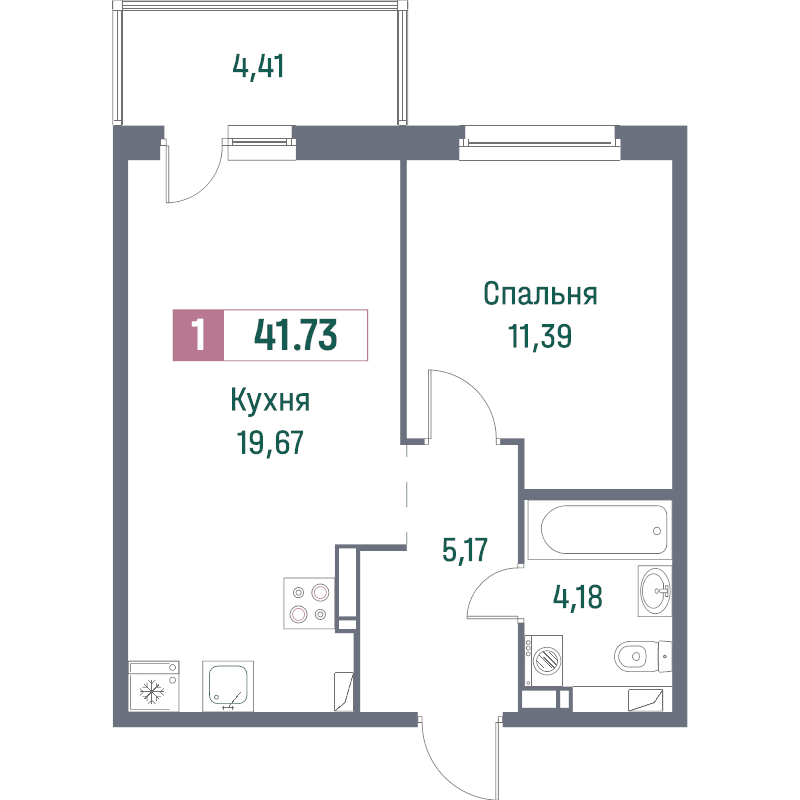 2-комнатная (Евро) квартира, 41.73 м² - планировка, фото №1