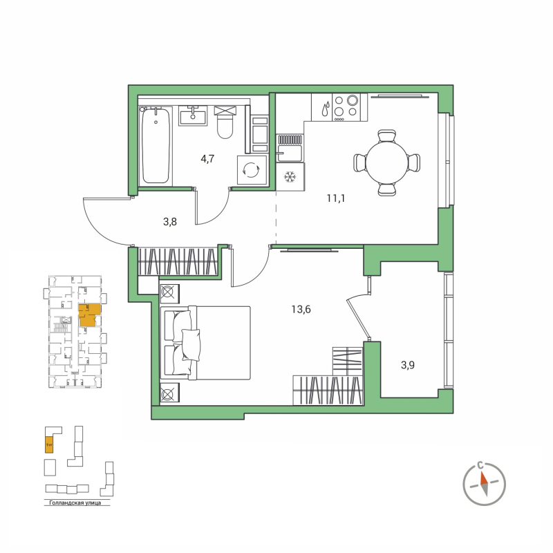 1-комнатная квартира, 35.2 м² в ЖК "Янила Форест" - планировка, фото №1