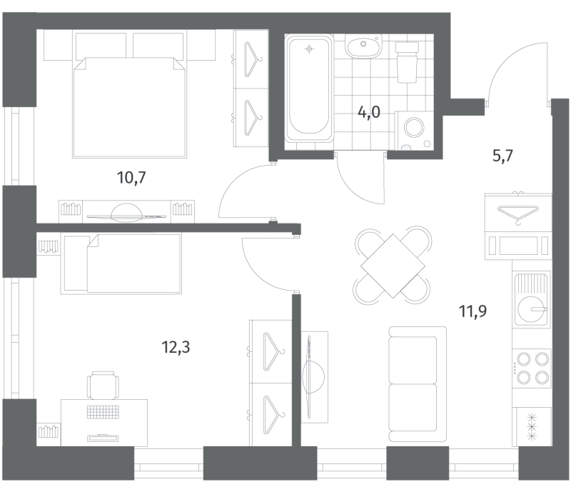 2-комнатная квартира, 44.78 м² в ЖК "NewПитер 2.0" - планировка, фото №1