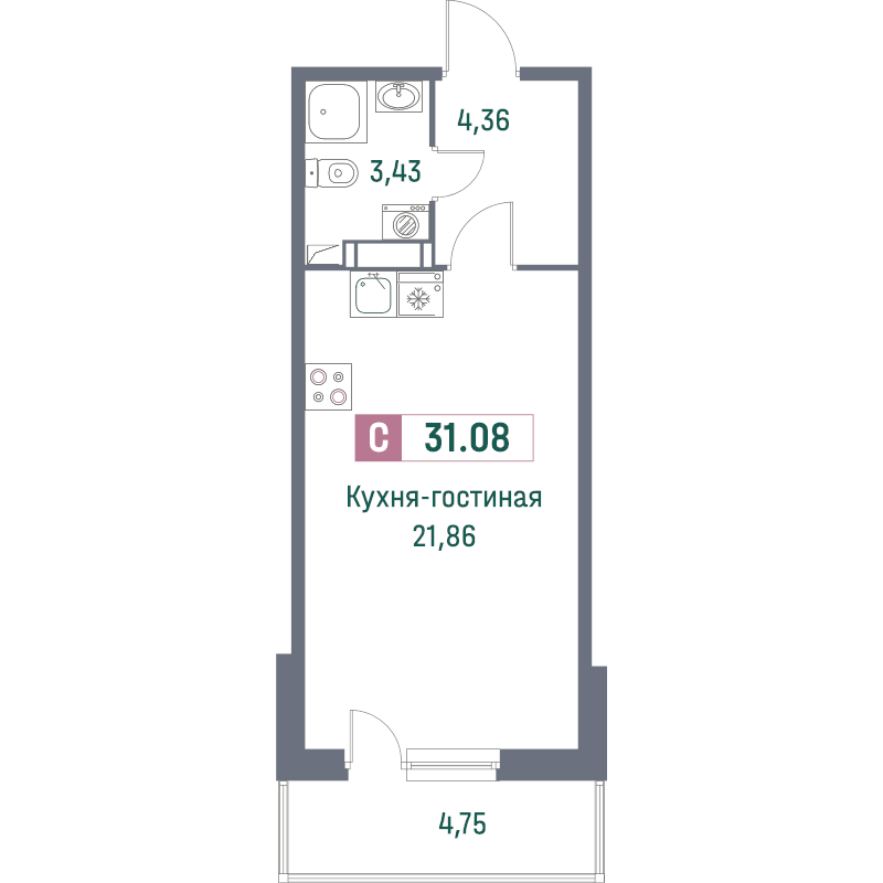 Квартира-студия, 31.08 м² - планировка, фото №1