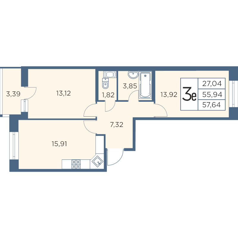 3-комнатная (Евро) квартира, 57.64 м² - планировка, фото №1