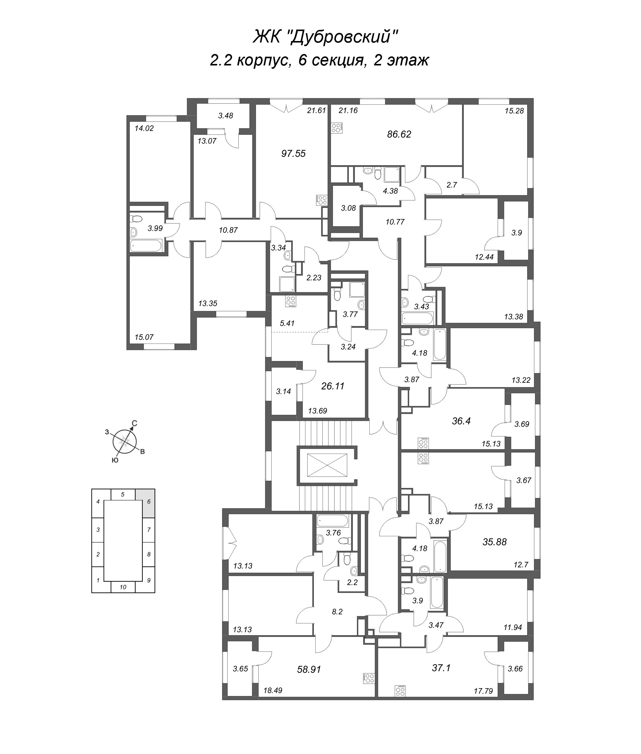 2-комнатная (Евро) квартира, 35.88 м² в ЖК "Дубровский" - планировка этажа