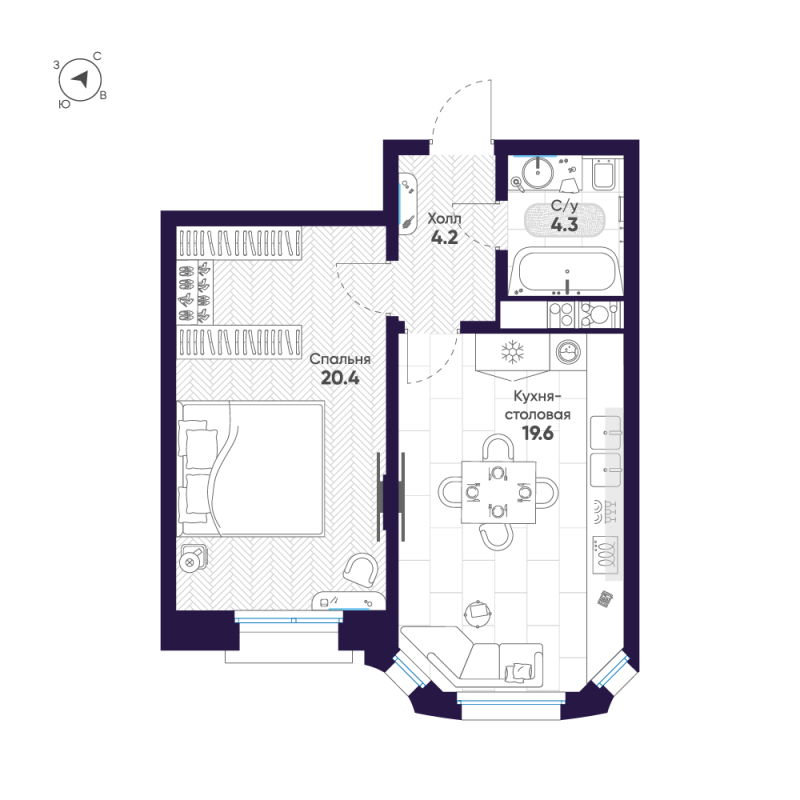 2-комнатная (Евро) квартира, 48.5 м² в ЖК "Mariinka Deluxe" - планировка, фото №1