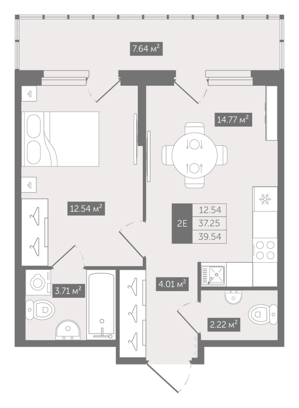 1-комнатная квартира, 39.54 м² - планировка, фото №1