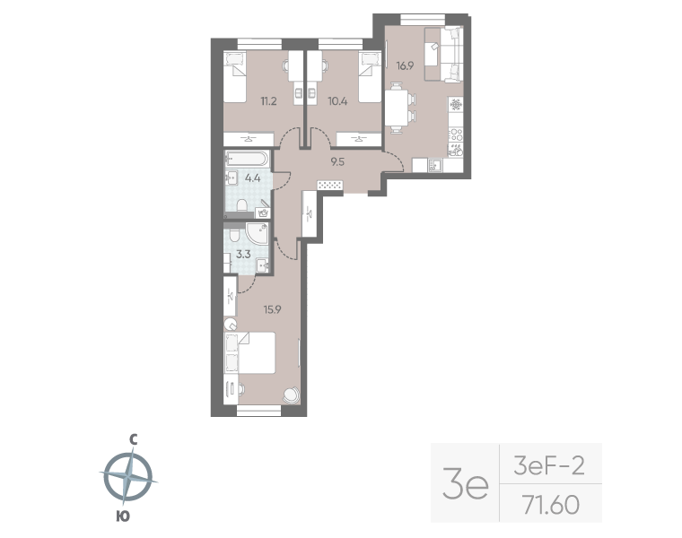 4-комнатная (Евро) квартира, 71.6 м² в ЖК "Большая Охта" - планировка, фото №1