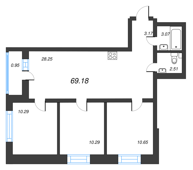 4-комнатная (Евро) квартира, 69.18 м² - планировка, фото №1