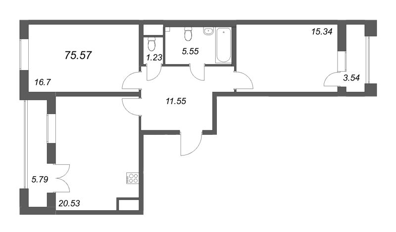 3-комнатная (Евро) квартира, 75.57 м² - планировка, фото №1