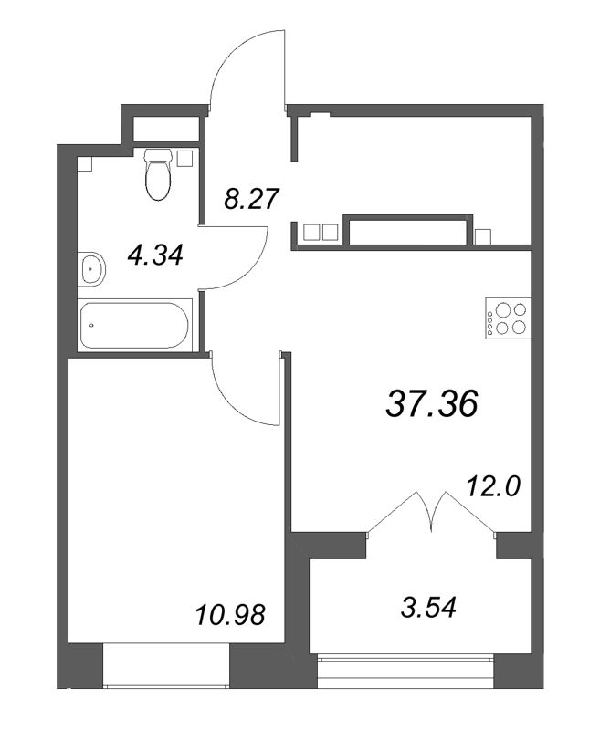 1-комнатная квартира, 37.36 м² - планировка, фото №1