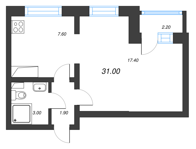 1-комнатная квартира, 31 м² - планировка, фото №1