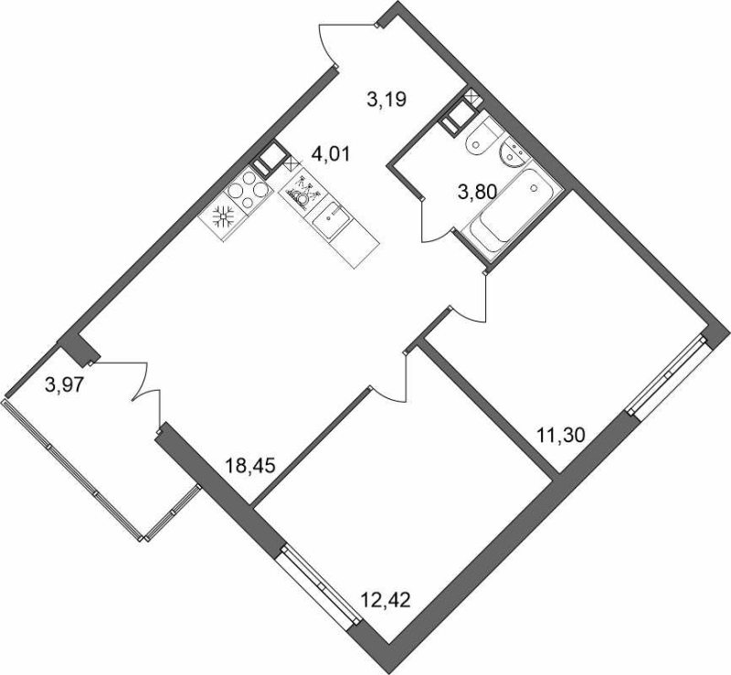 3-комнатная (Евро) квартира, 54.4 м² - планировка, фото №1