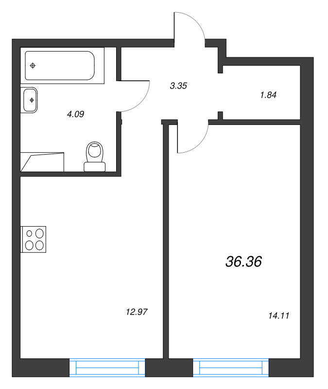1-комнатная квартира, 36.36 м² в ЖК "Окла" - планировка, фото №1