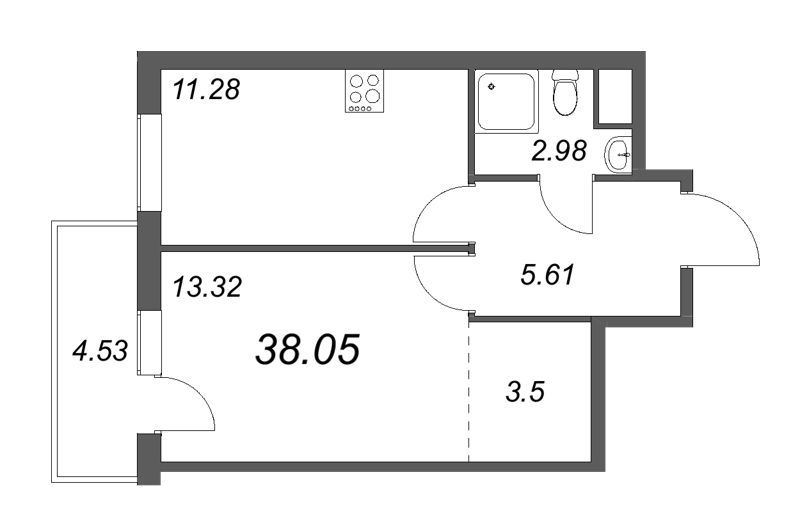 1-комнатная квартира, 38 м² - планировка, фото №1