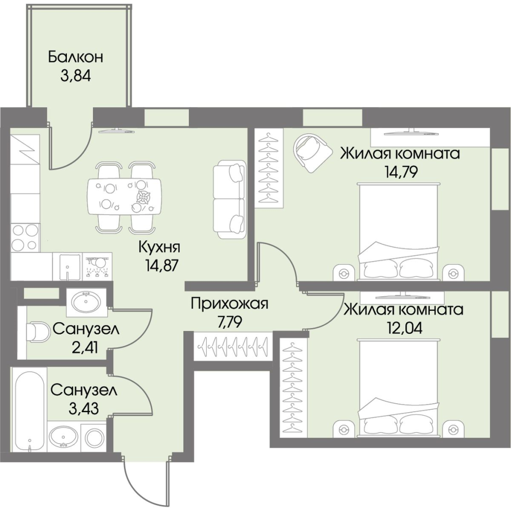 2-комнатная квартира, 56.48 м² в ЖК "Рощино Residence" - планировка, фото №1