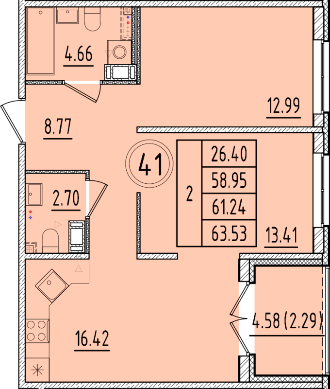 3-комнатная (Евро) квартира, 58.95 м² - планировка, фото №1