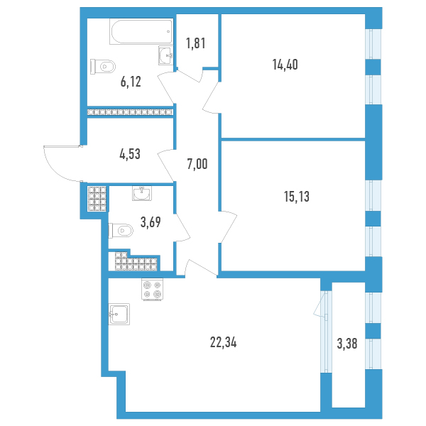 3-комнатная (Евро) квартира, 76.71 м² в ЖК "Дефанс Премиум" - планировка, фото №1