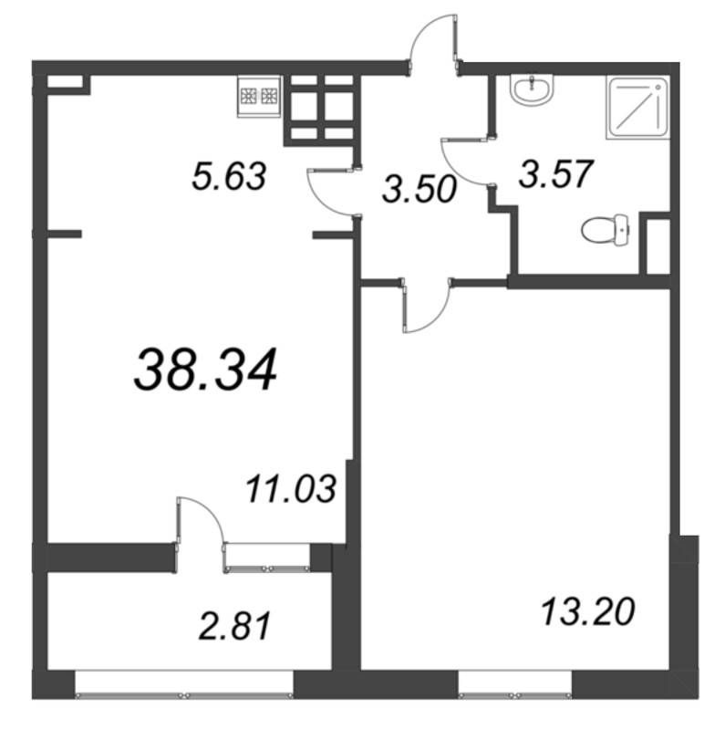 2-комнатная (Евро) квартира, 38.34 м² - планировка, фото №1