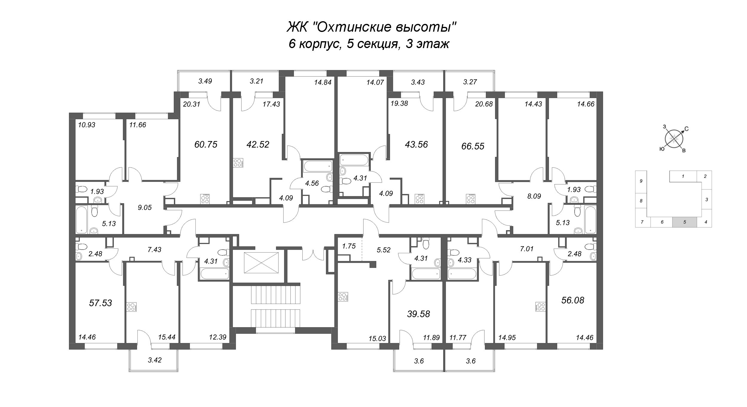3-комнатная (Евро) квартира, 57.53 м² в ЖК "Охтинские высоты" - планировка этажа