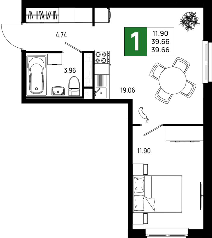 2-комнатная (Евро) квартира, 39.66 м² в ЖК "Имена" - планировка, фото №1