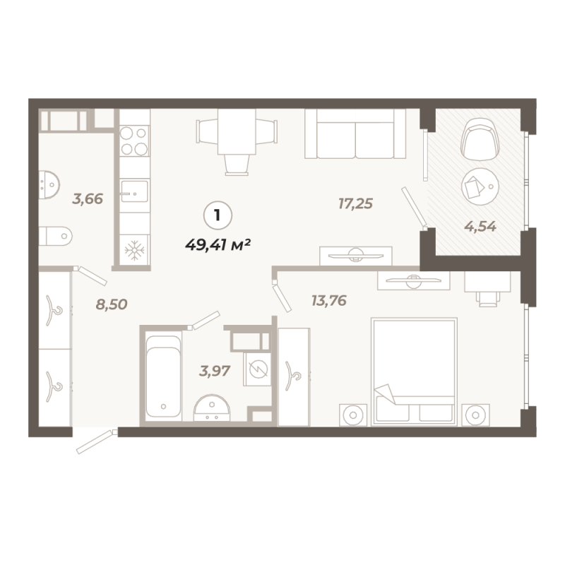 2-комнатная (Евро) квартира, 49.41 м² в ЖК "Знатный" - планировка, фото №1