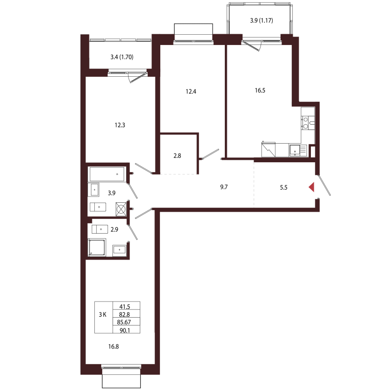 4-комнатная (Евро) квартира, 85.67 м² в ЖК "Лисино" - планировка, фото №1
