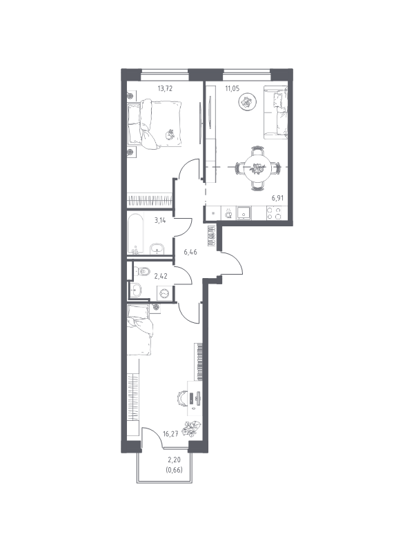 3-комнатная (Евро) квартира, 60.63 м² в ЖК "Живи! В Рыбацком" - планировка, фото №1
