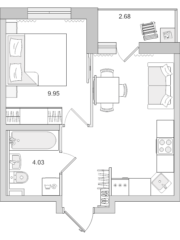 1-комнатная квартира, 30.42 м² - планировка, фото №1
