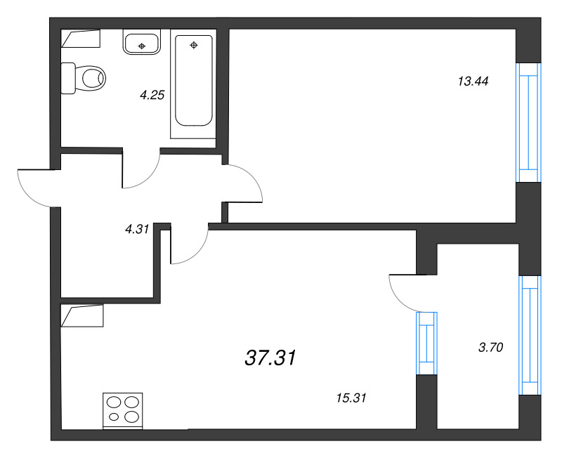 2-комнатная (Евро) квартира, 37.31 м² в ЖК "Дубровский" - планировка, фото №1