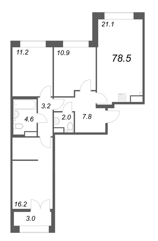 4-комнатная (Евро) квартира, 78.5 м² в ЖК "NewПитер 2.0" - планировка, фото №1