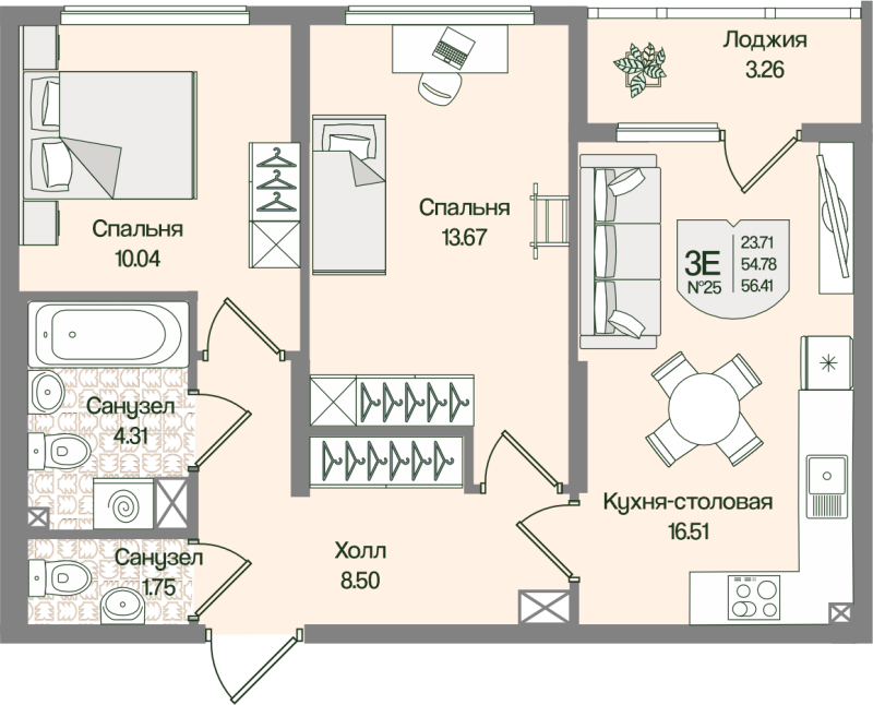 3-комнатная (Евро) квартира, 56.41 м² в ЖК "Охтинские высоты" - планировка, фото №1