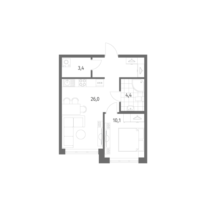 2-комнатная (Евро) квартира, 43.9 м² в ЖК "Новый Питер" - планировка, фото №1