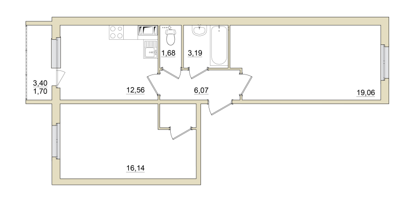 2-комнатная квартира, 60.2 м² - планировка, фото №1