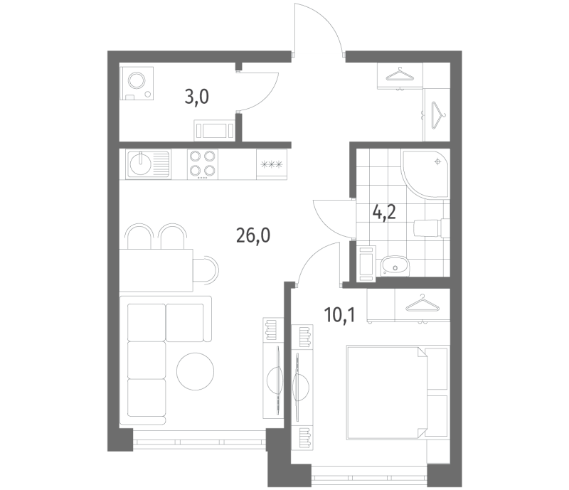 2-комнатная (Евро) квартира, 43.3 м² в ЖК "Новый Питер" - планировка, фото №1