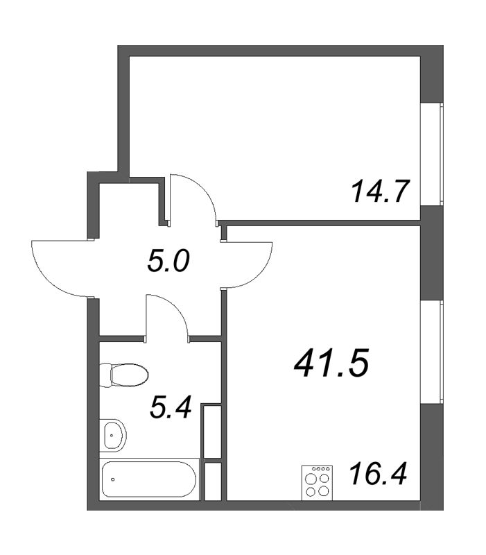 2-комнатная (Евро) квартира, 41.6 м² в ЖК "Визионер" - планировка, фото №1